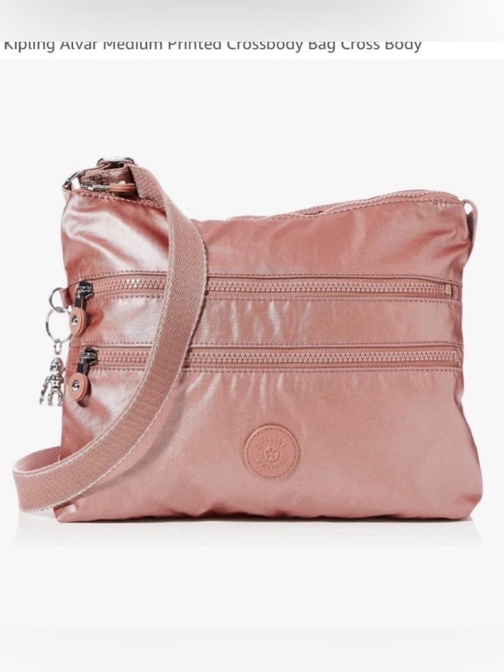 Kipling Alvar Metallic Pink Nylon Crossbody Bag Lightweight Zip Closure Travel